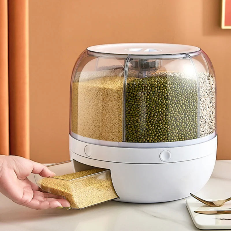 A 360-degree rotating rice dispenser featuring multiple compartments for organized storage of various grains. Its transparent design allows for easy monitoring of contents, while the rotating mechanism provides convenient access to each compartment, making it a practical addition to any kitchen.
