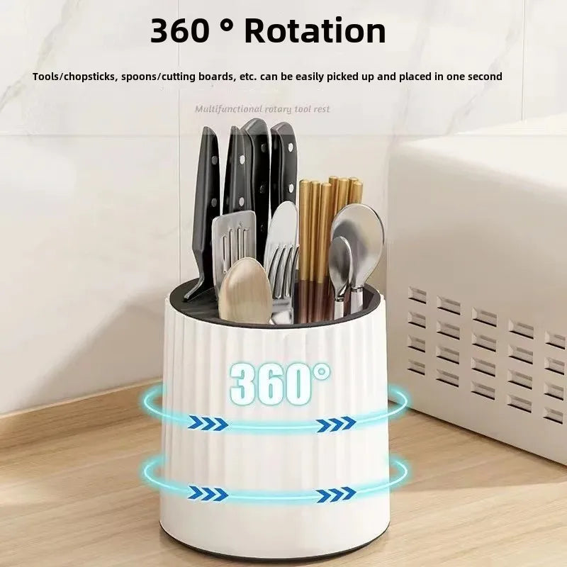 Multi-functional rotatable knife rack with a 360-degree rotating design, featuring multiple slots and compartments for organized storage of knives, cutting boards, and utensils, enhancing kitchen efficiency