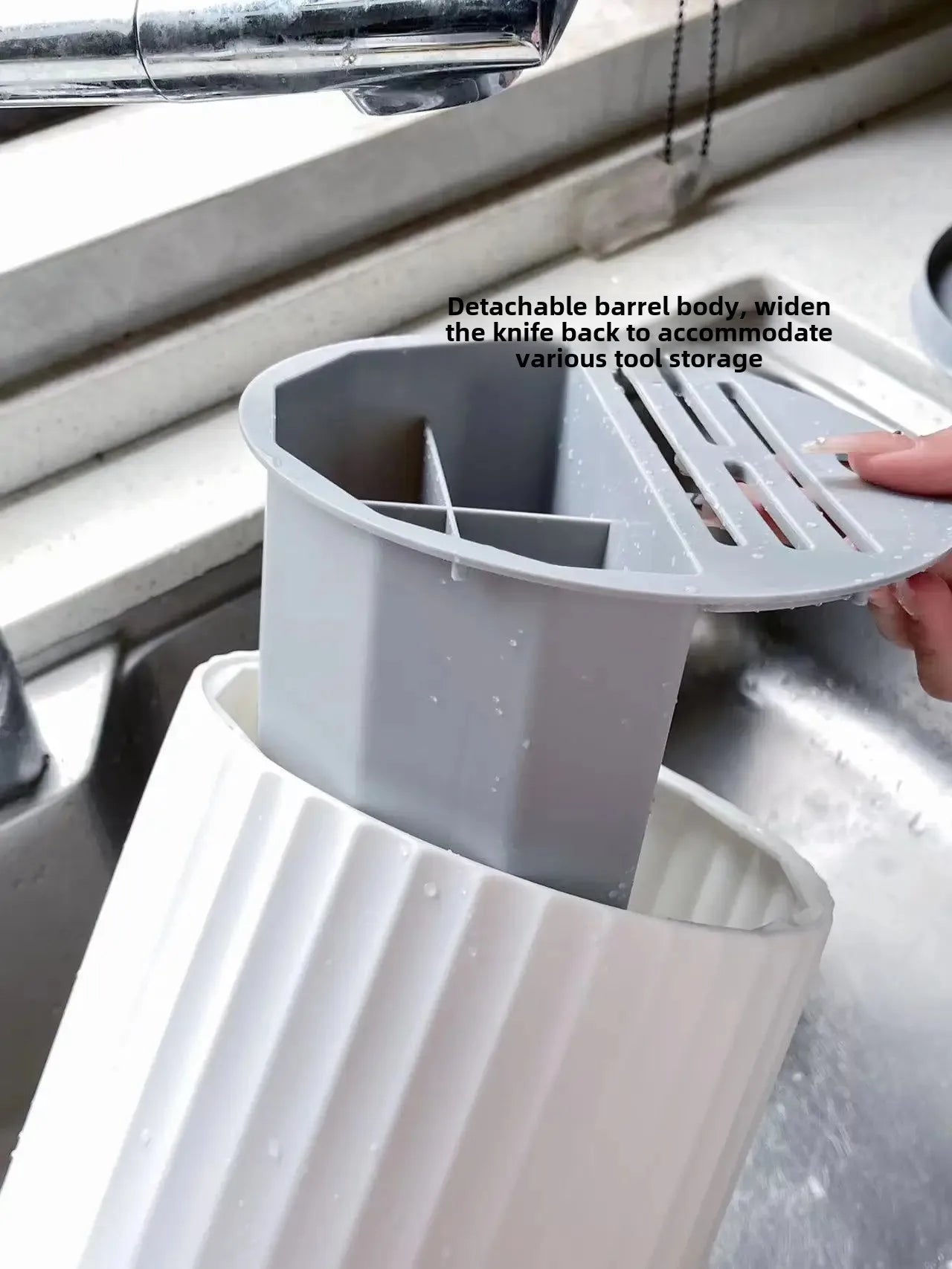 Multi-functional rotatable knife rack with a 360-degree rotating design, featuring multiple slots and compartments for organized storage of knives, cutting boards, and utensils, enhancing kitchen efficiency