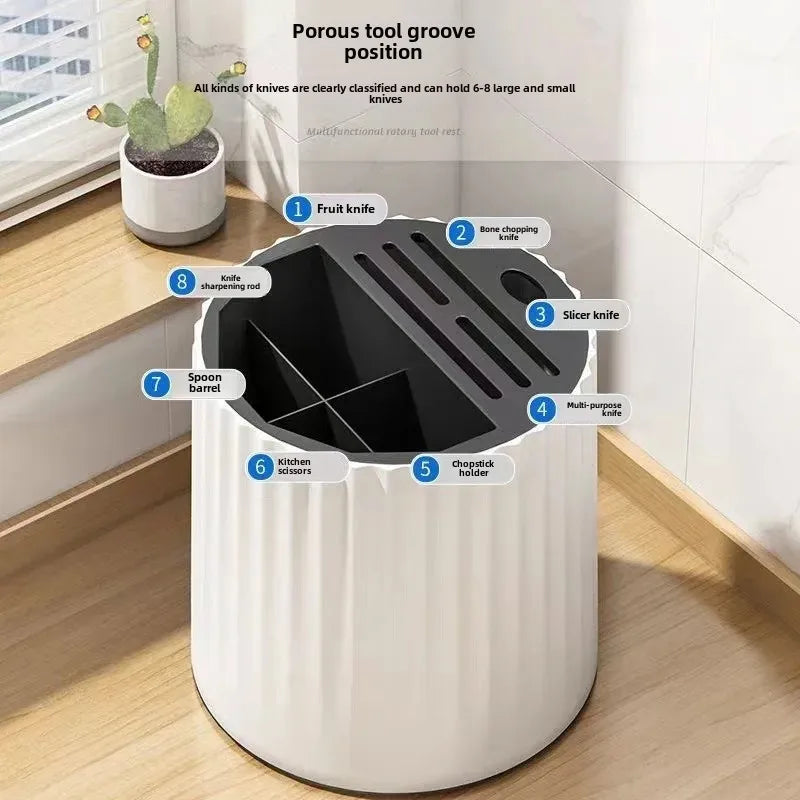 Multi-functional rotatable knife rack with a 360-degree rotating design, featuring multiple slots and compartments for organized storage of knives, cutting boards, and utensils, enhancing kitchen efficiency