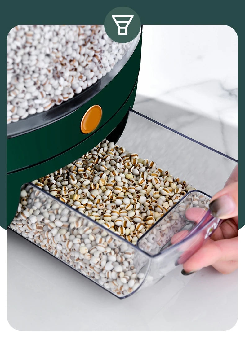 A 360-degree rotating rice dispenser featuring multiple compartments for organized storage of various grains. Its transparent design allows for easy monitoring of contents, while the rotating mechanism provides convenient access to each compartment, making it a practical addition to any kitchen.