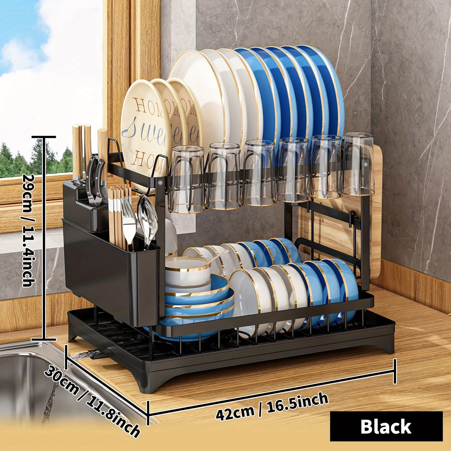 2-Tier Dish Drying Rack Set with Drainboard and Utensil Holder for Kitchen Countertop