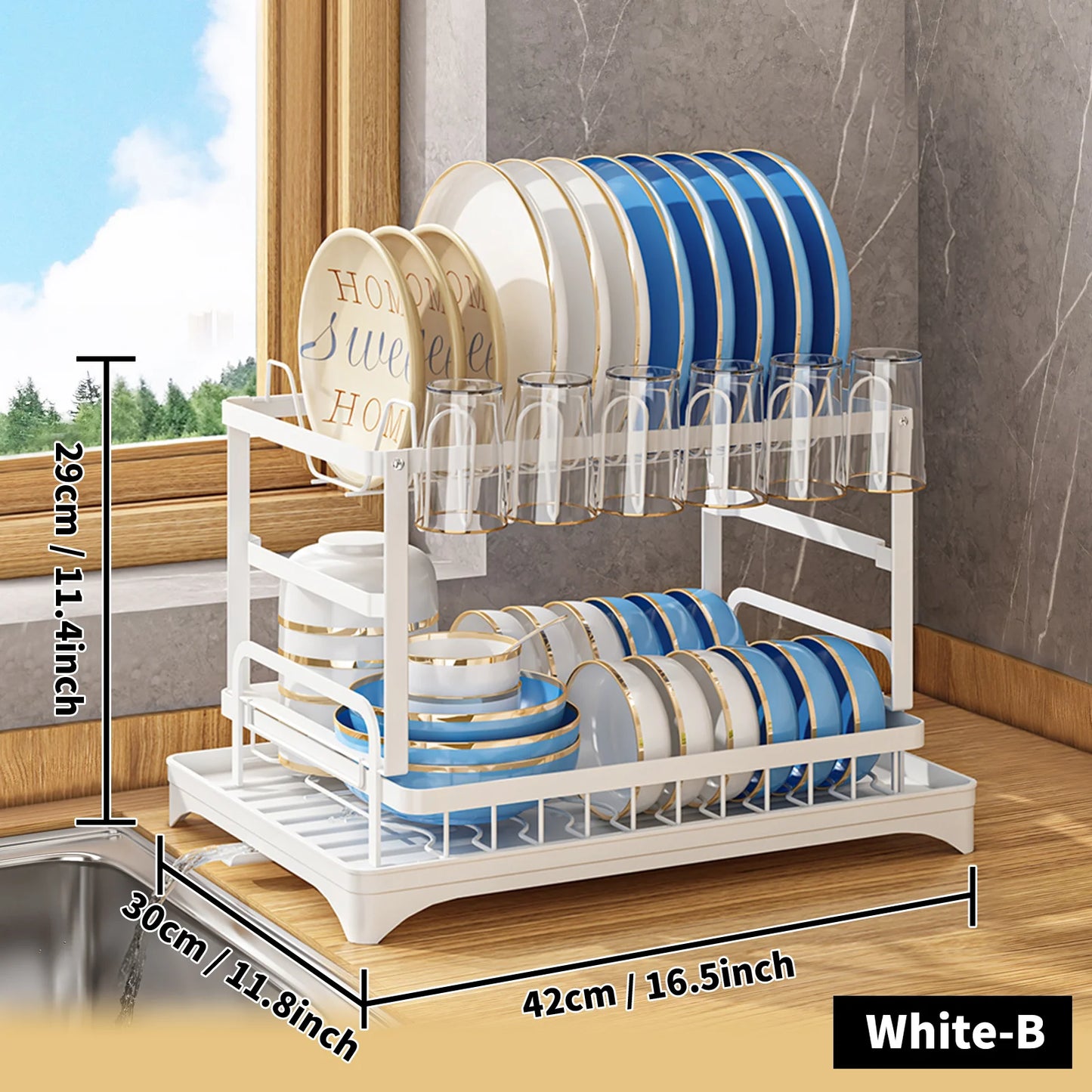 2-Tier Dish Drying Rack Set with Drainboard and Utensil Holder for Kitchen Countertop