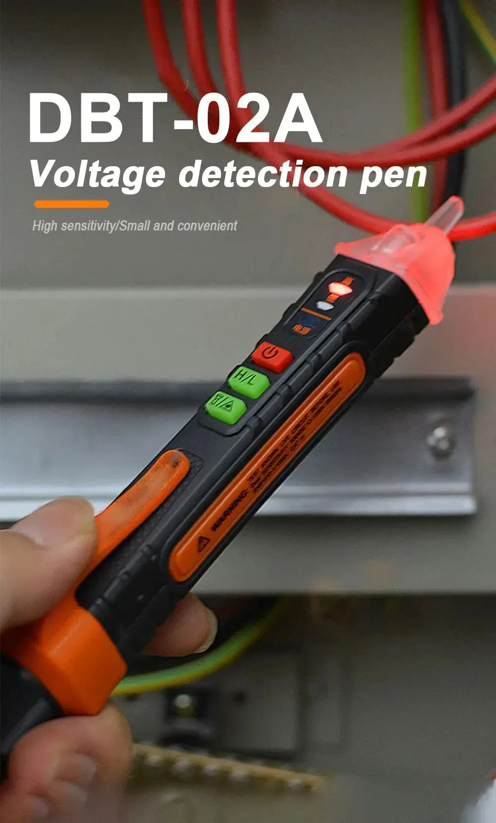 A voltage detector electrical pen, also known as a non-contact voltage tester, designed to detect the presence of voltage in electrical circuits without direct contact. It features a handheld design with an insulated probe, an LED indicator to signal voltage detection, and a sensitivity range suitable for various applications, typically from 90V to 1000V AC