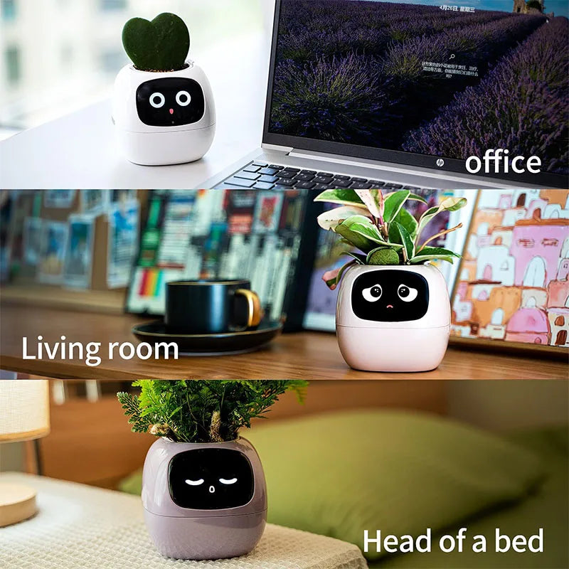 A smart flowerpot equipped with artificial intelligence, featuring sensors to monitor soil moisture, temperature, and light levels; includes a digital display that shows expressive animations based on the plant's environment and health, enhancing the indoor gardening experience.