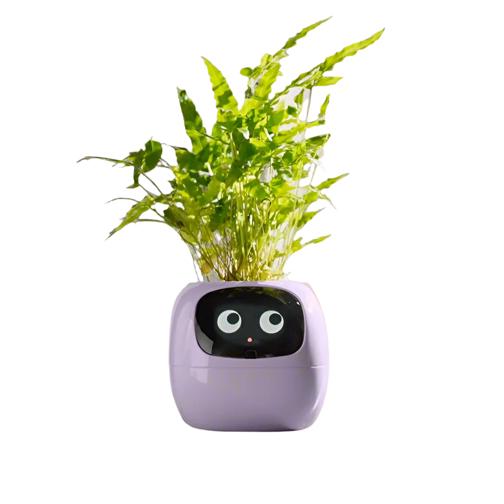 A smart flowerpot equipped with artificial intelligence, featuring sensors to monitor soil moisture, temperature, and light levels; includes a digital display that shows expressive animations based on the plant's environment and health, enhancing the indoor gardening experience.