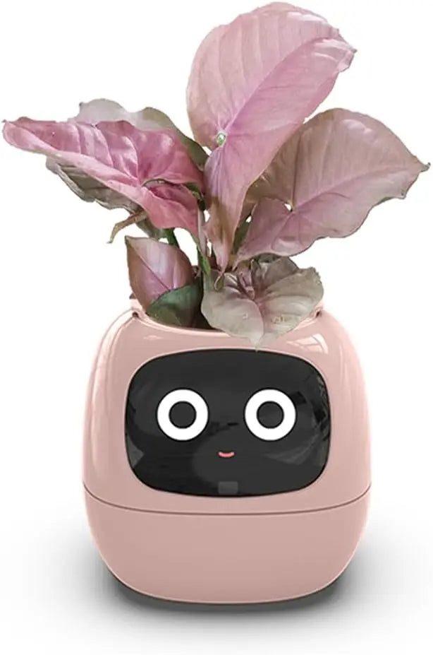 A smart flowerpot equipped with artificial intelligence, featuring sensors to monitor soil moisture, temperature, and light levels; includes a digital display that shows expressive animations based on the plant's environment and health, enhancing the indoor gardening experience.