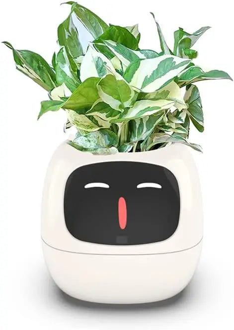 A smart flowerpot equipped with artificial intelligence, featuring sensors to monitor soil moisture, temperature, and light levels; includes a digital display that shows expressive animations based on the plant's environment and health, enhancing the indoor gardening experience.
