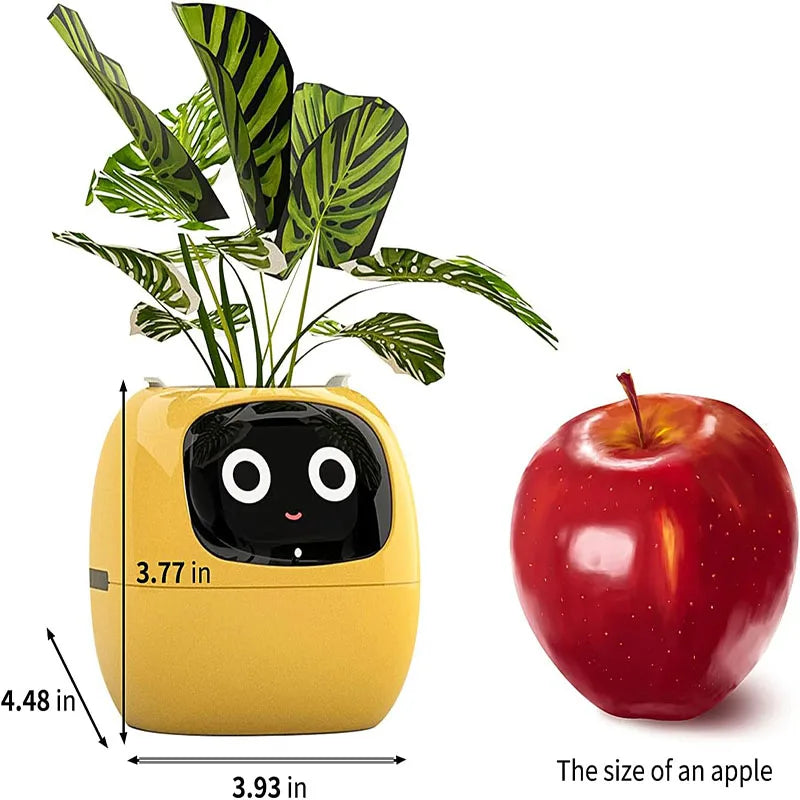 A smart flowerpot equipped with artificial intelligence, featuring sensors to monitor soil moisture, temperature, and light levels; includes a digital display that shows expressive animations based on the plant's environment and health, enhancing the indoor gardening experience.
