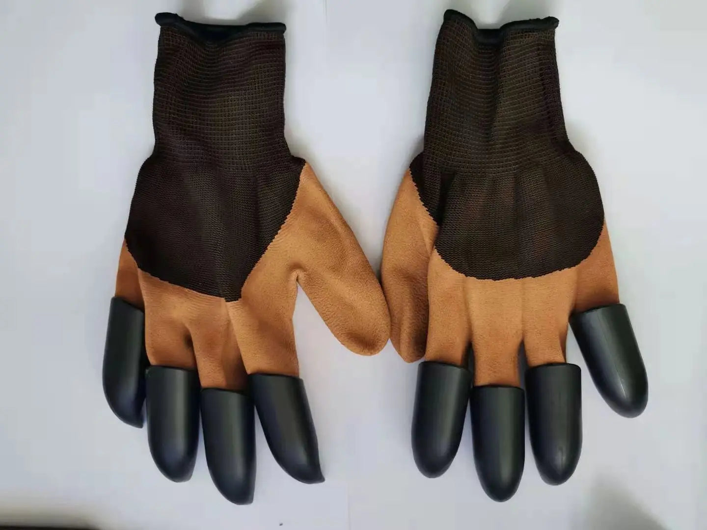 A pair of black and brown garden rubber gloves with built-in claws on the fingertips.