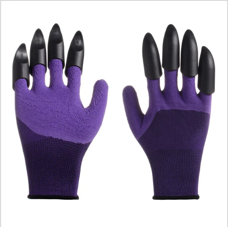 A pair of purple garden rubber gloves with built-in black claws on the fingertips.