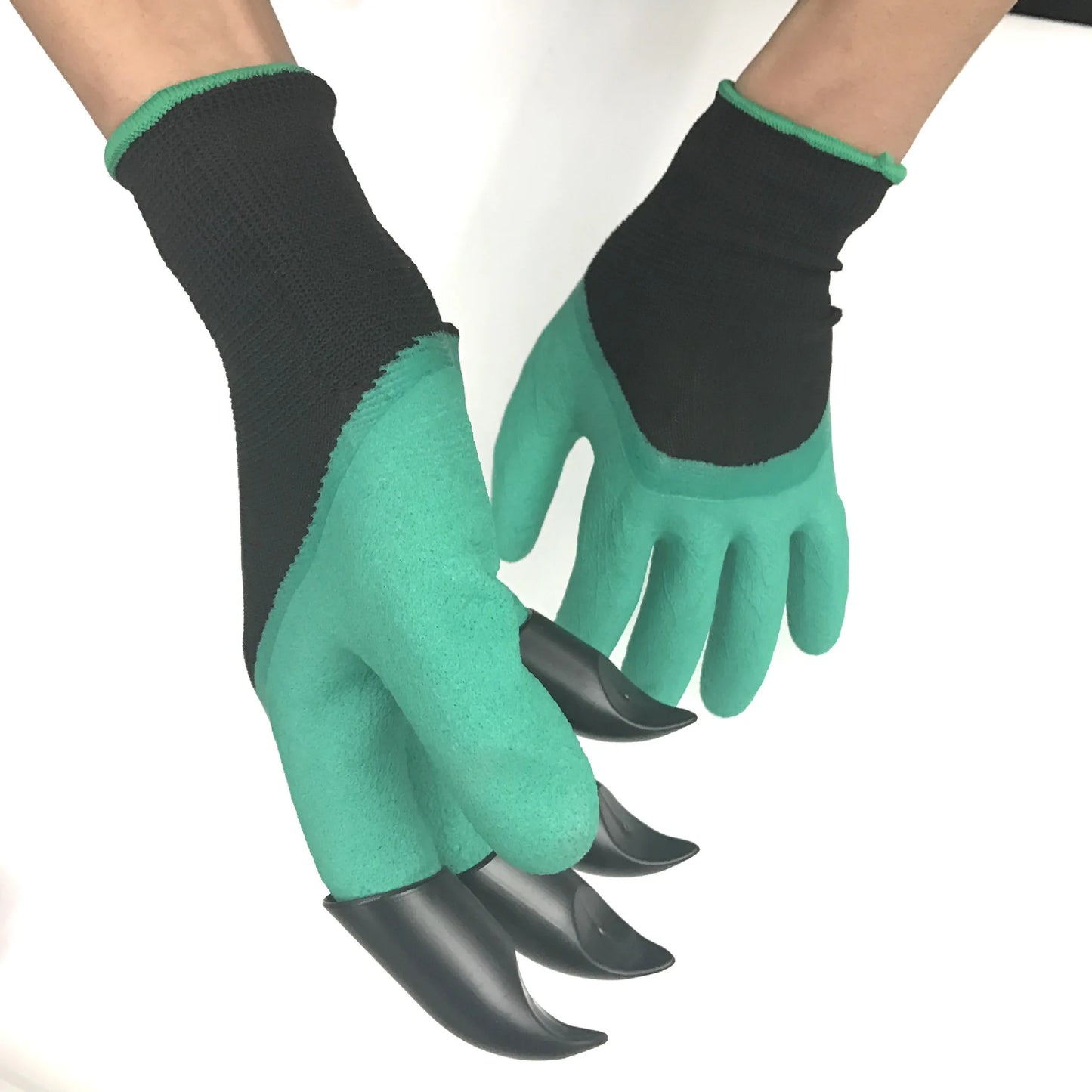 A pair of green garden rubber gloves with built-in black claws on the fingertips, designed for digging and planting.