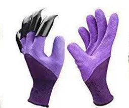 A pair of purple garden rubber gloves with built-in claws on the fingertips, designed for digging and planting.