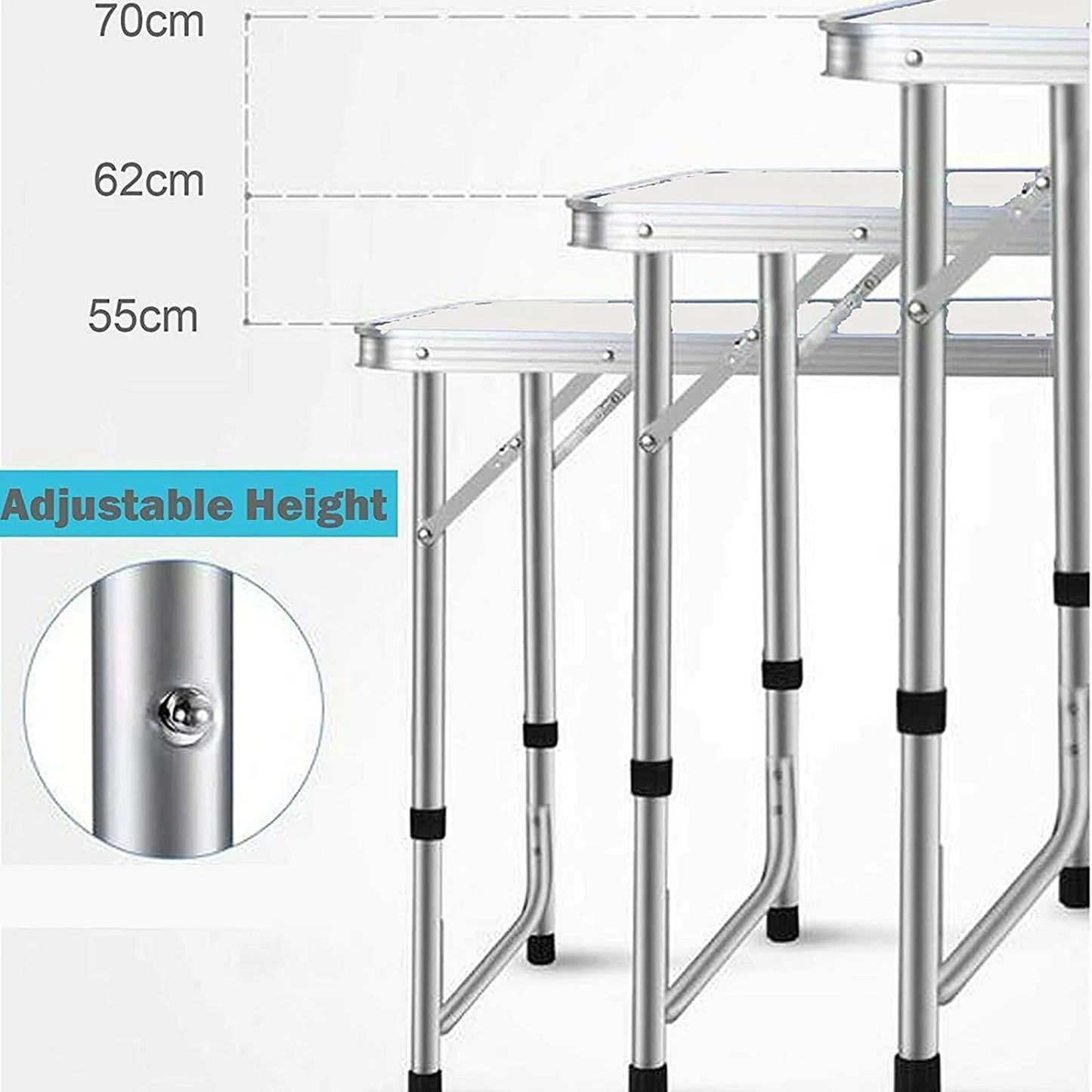A portable folding table made of lightweight yet sturdy aluminium, featuring a collapsible design for easy transportation and storage. Ideal for camping, picnics, and outdoor activities, it offers a stable surface with adjustable height settings to accommodate various needs.