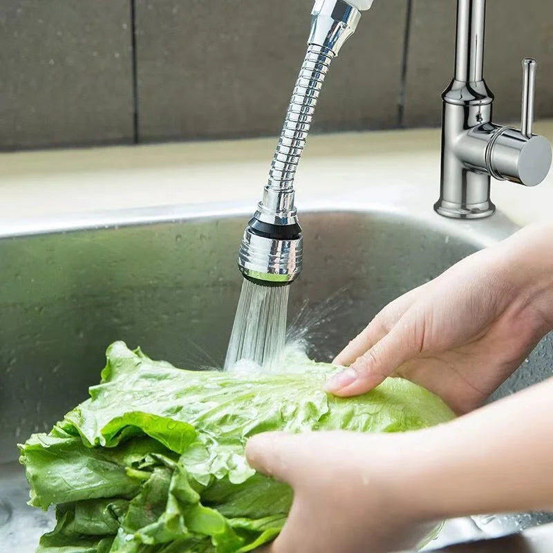 Flexible faucet extension with 360-degree rotation, allowing adjustable water flow direction for enhanced sink accessibility