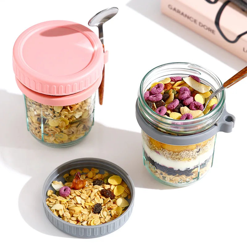 Glass jar container designed for storing overnight oats, with an airtight lid to keep ingredients fresh. Perfect for prepping nutritious breakfasts on-the-go.