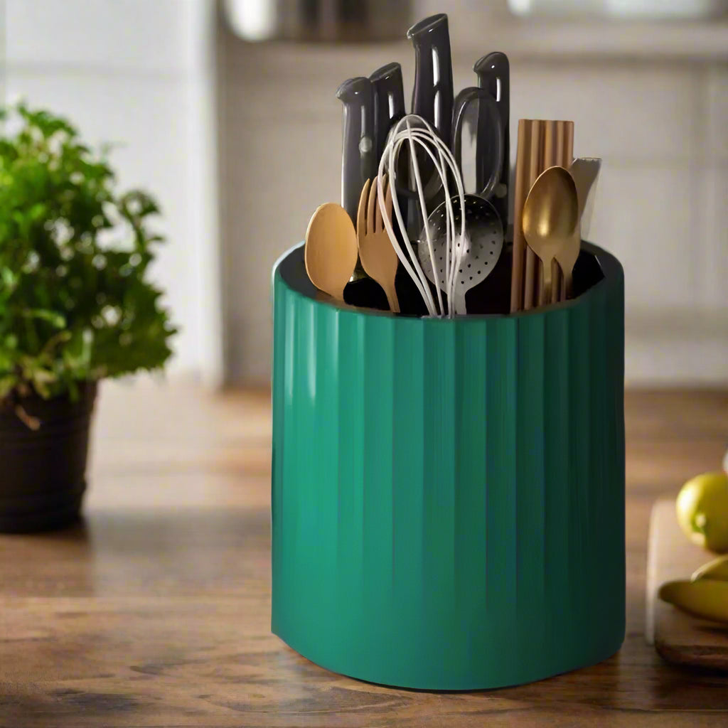 Multi-functional rotatable knife rack with a 360-degree rotating design, featuring multiple slots and compartments for organized storage of knives, cutting boards, and utensils, enhancing kitchen efficiency