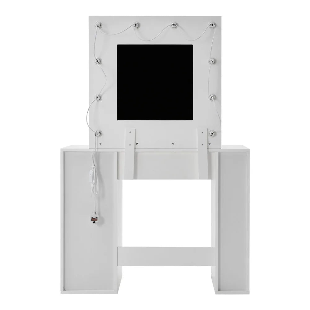 A stylish Hollywood makeup dressing table with bright LED lights around the mirror, offering a well-lit space for makeup application. The table features a sleek design with ample storage space for cosmetics and beauty tools.