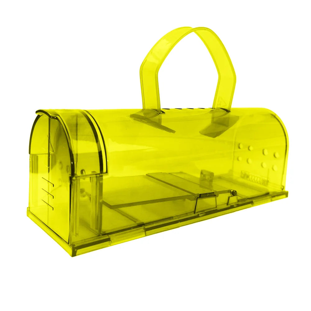 A humane mouse trap designed to safely capture and release mice without harm. The transparent plastic construction allows for easy monitoring, and ventilation holes ensure the mouse's well-being until release