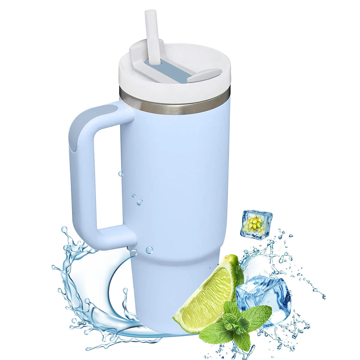 40oz stainless steel insulated tumbler with handle, featuring double-wall vacuum insulation to keep drinks hot or cold for hours. Includes a lid and straw, designed for on-the-go use and fits most car cup holders.