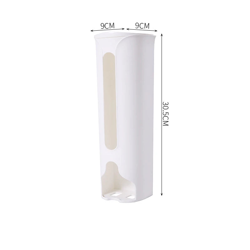 A wall-mounted plastic bag holder made of durable stainless steel with a sleek silver finish. Designed to neatly store and dispense plastic grocery bags, it features a top opening for easy insertion and a front slot for convenient retrieval, helping to keep your kitchen organized and clutter-free.