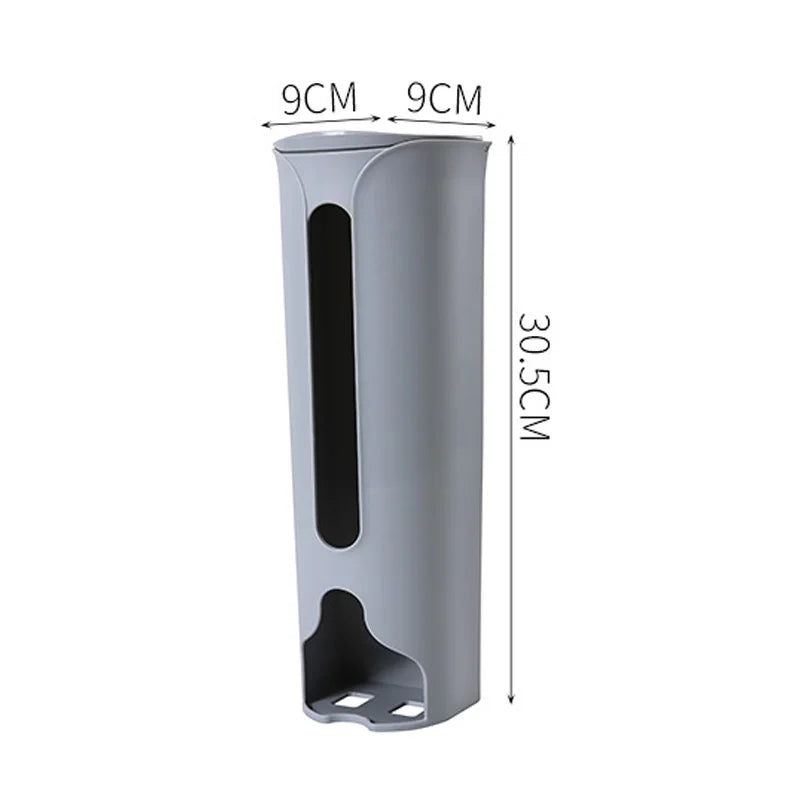 A wall-mounted plastic bag holder made of durable stainless steel with a sleek silver finish. Designed to neatly store and dispense plastic grocery bags, it features a top opening for easy insertion and a front slot for convenient retrieval, helping to keep your kitchen organized and clutter-free.