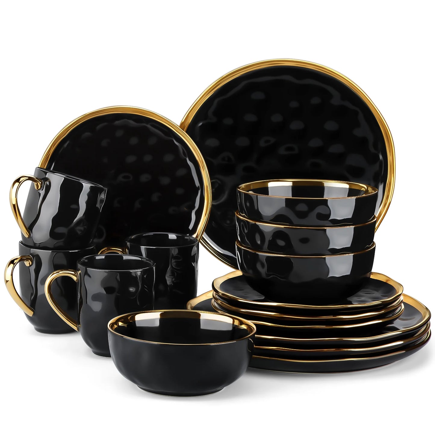 A sophisticated black porcelain dinnerware set featuring elegant gold trim accents. This set typically includes dinner plates, salad plates, bowls, and mugs, all crafted from high-quality porcelain. The combination of deep black hues with refined gold detailing adds a touch of luxury to both everyday dining and special occasions