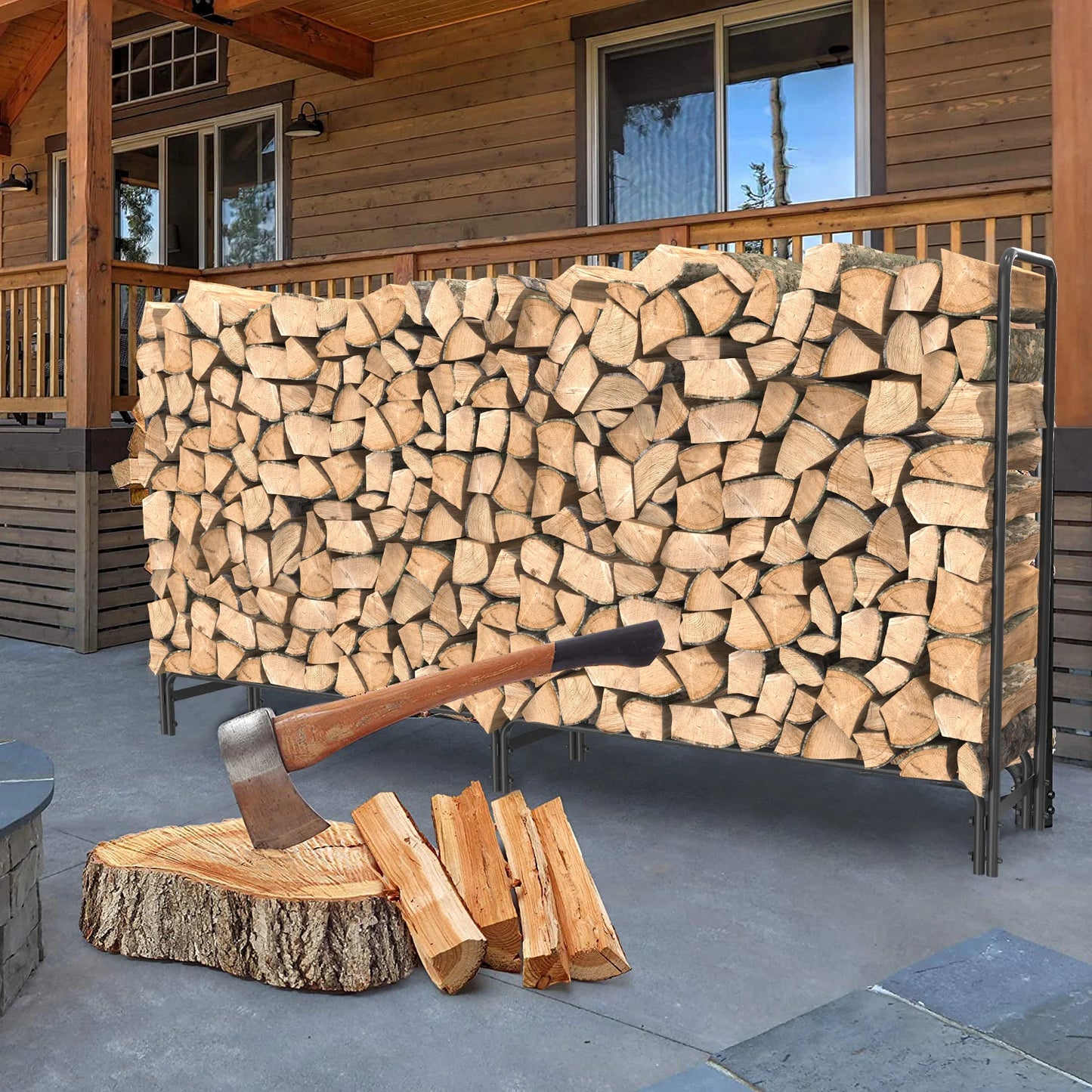 Sturdy metal firewood rack designed for indoor and outdoor use, neatly storing logs for easy access. Durable steel construction with a sleek black finish, perfect for keeping firewood organized and dry