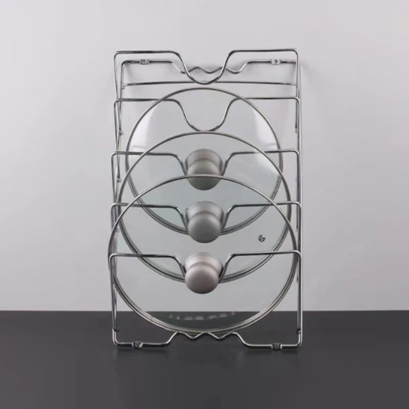 A hanging pot lid holder, designed to store pot lids efficiently by hanging them on a wall or inside a cabinet door, featuring adjustable dividers to accommodate various lid sizes, made from durable materials like metal or bamboo, and designed to save kitchen space while keeping lids organized