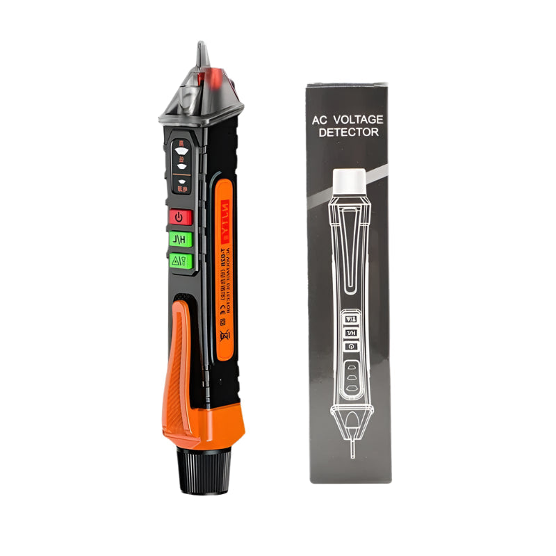 A voltage detector electrical pen, also known as a non-contact voltage tester, designed to detect the presence of voltage in electrical circuits without direct contact. It features a handheld design with an insulated probe, an LED indicator to signal voltage detection, and a sensitivity range suitable for various applications, typically from 90V to 1000V AC
