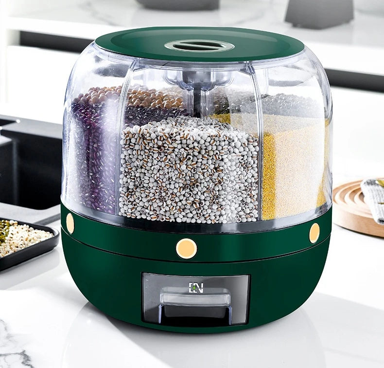 A 360-degree rotating rice dispenser featuring multiple compartments for organized storage of various grains. Its transparent design allows for easy monitoring of contents, while the rotating mechanism provides convenient access to each compartment, making it a practical addition to any kitchen.