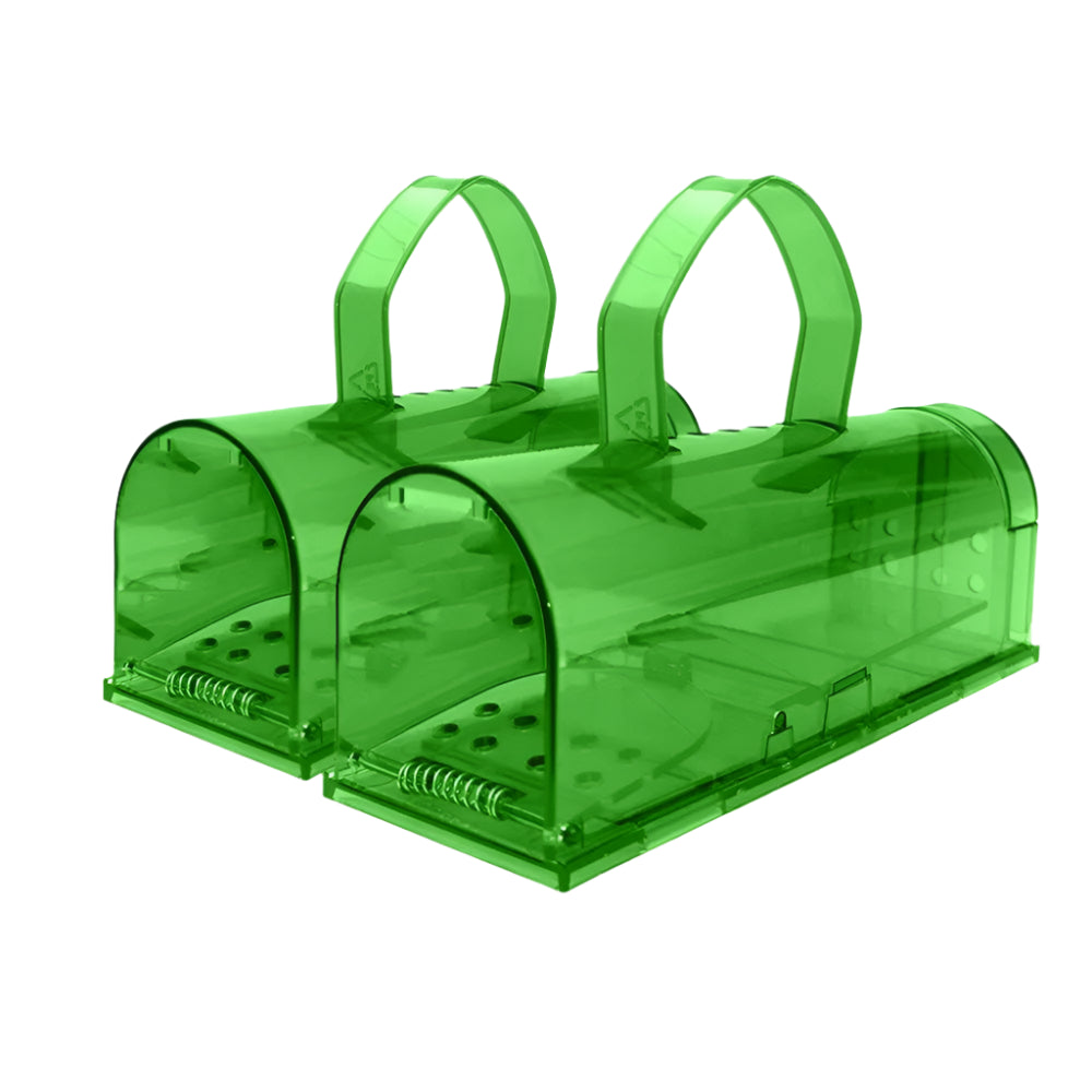 A humane mouse trap designed to safely capture and release mice without harm. The transparent plastic construction allows for easy monitoring, and ventilation holes ensure the mouse's well-being until release