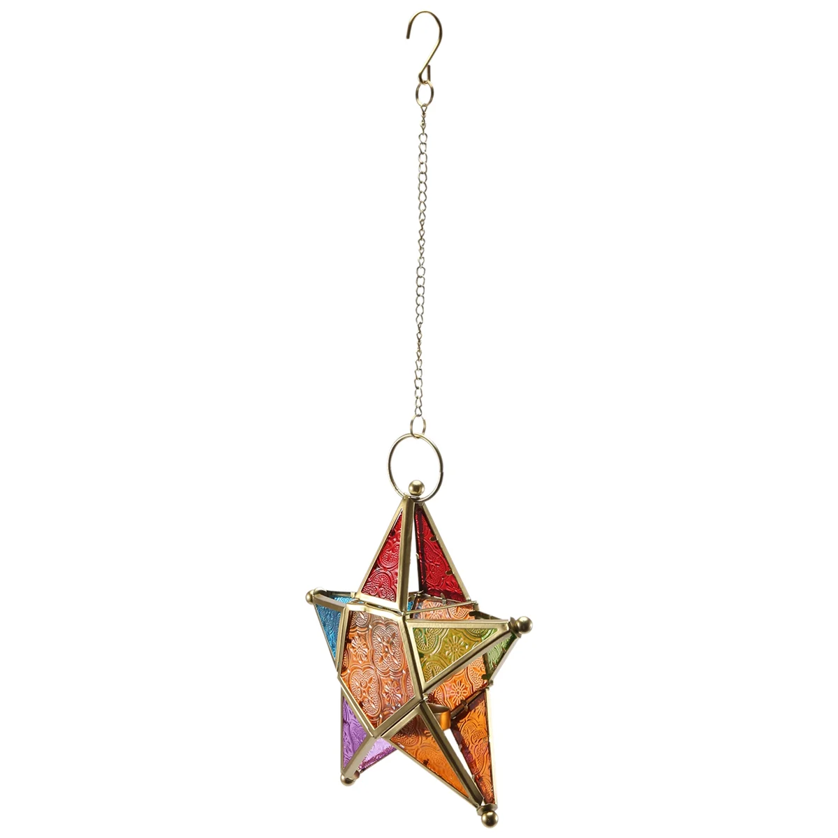 A beautifully designed star-shaped embossed colored glass lantern with a multicolored pattern and a hinged door, perfect for home and garden decoration. Made of glass and iron, it measures 200x55x200mm with a 160mm chain for hanging.