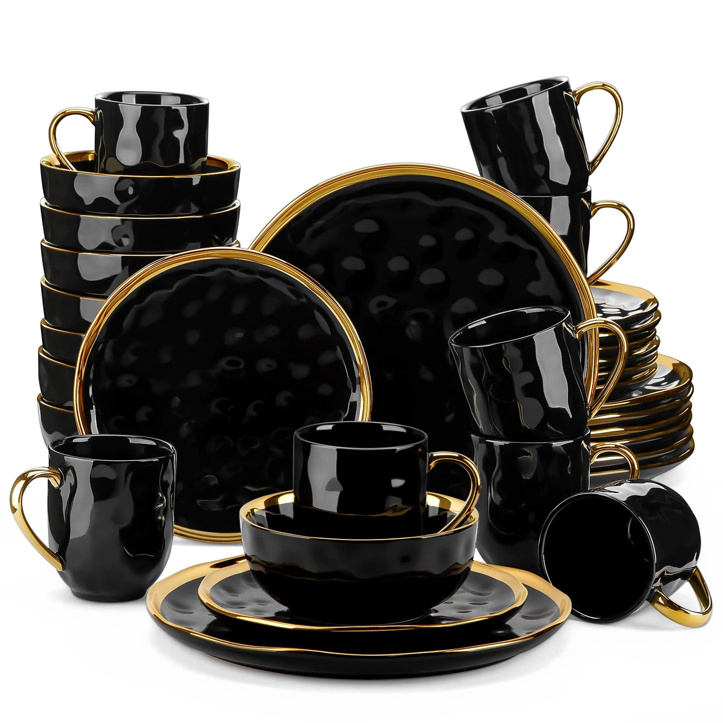 A sophisticated black porcelain dinnerware set featuring elegant gold trim accents. This set typically includes dinner plates, salad plates, bowls, and mugs, all crafted from high-quality porcelain. The combination of deep black hues with refined gold detailing adds a touch of luxury to both everyday dining and special occasions