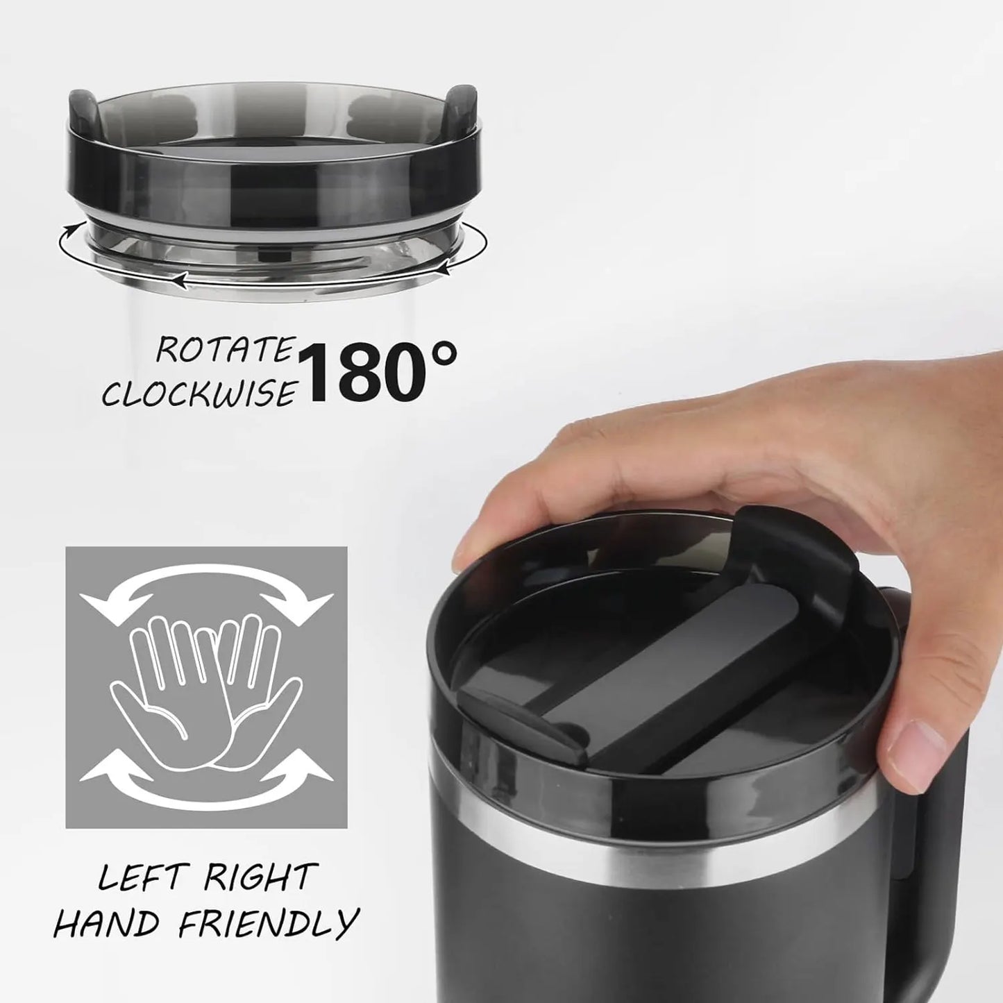 40oz stainless steel insulated tumbler with handle, featuring double-wall vacuum insulation to keep drinks hot or cold for hours. Includes a lid and straw, designed for on-the-go use and fits most car cup holders.
