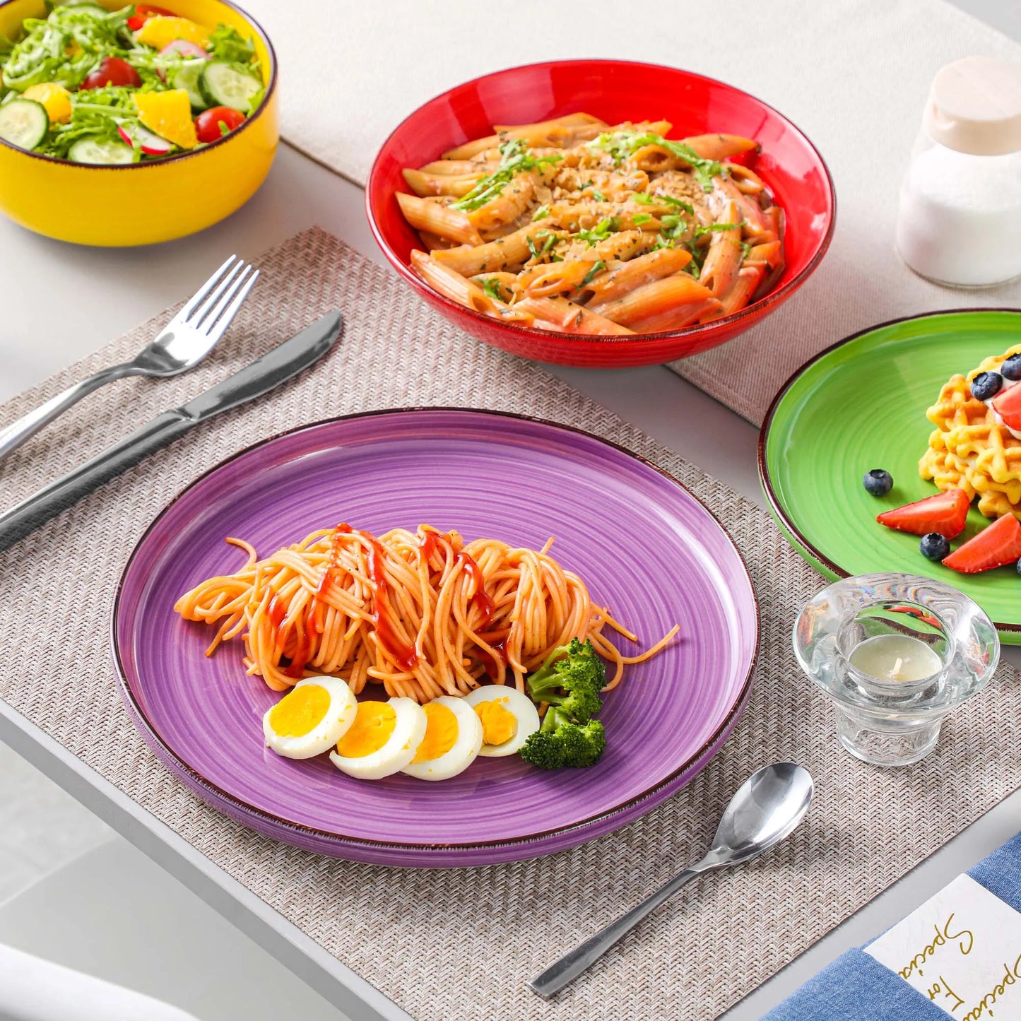 A multicolor ceramic plate set is a collection of dining plates crafted from high-quality ceramic material, featuring a variety of vibrant colors and patterns. These sets are designed to add a touch of elegance and liveliness to your dining experience, making them perfect for both everyday use and special occasions