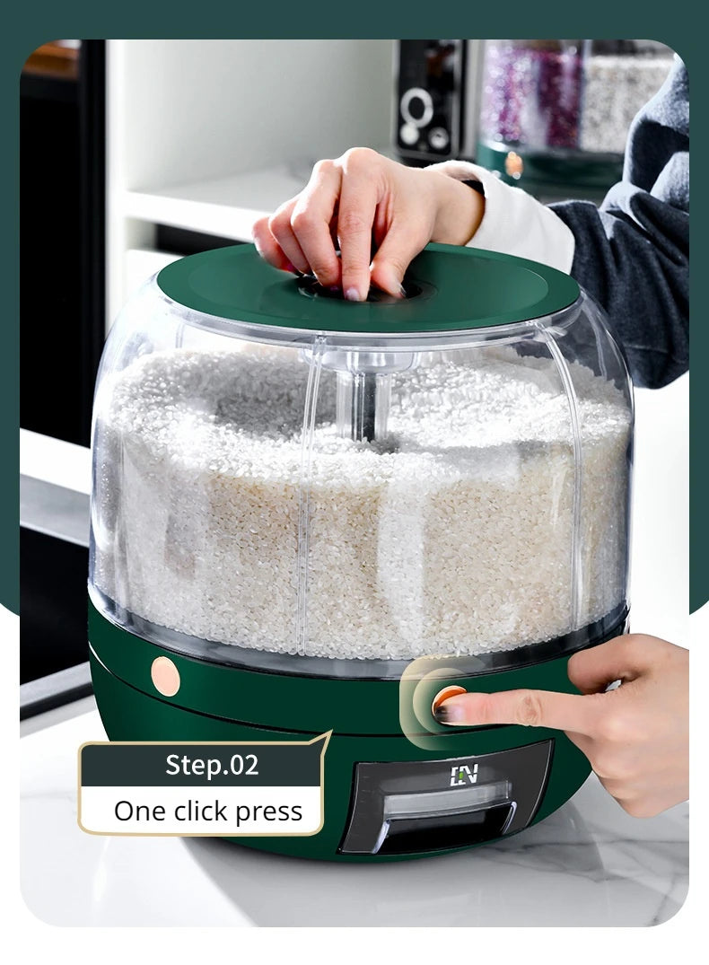 A 360-degree rotating rice dispenser featuring multiple compartments for organized storage of various grains. Its transparent design allows for easy monitoring of contents, while the rotating mechanism provides convenient access to each compartment, making it a practical addition to any kitchen.