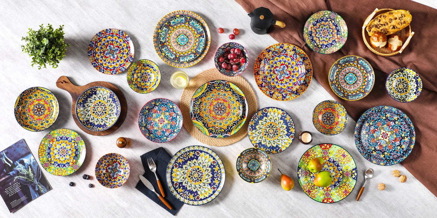 A beautiful ceramic dinnerware set, featuring a matching collection of plates, bowls, and cups with a smooth, glossy finish and elegant design. Perfect for both everyday dining and special occasions.