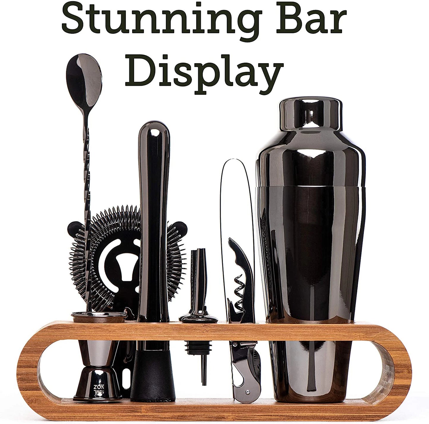Complete cocktail bar set featuring essential tools like a shaker, jigger, strainer, muddler, and mixing spoon. Perfect for crafting professional-quality cocktails at home or in a bar.