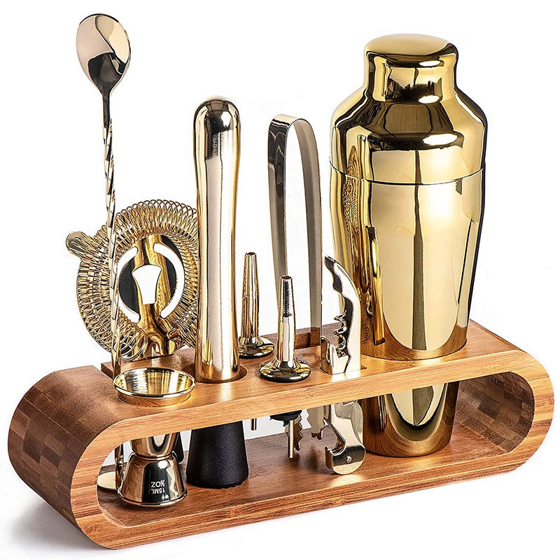 Complete cocktail bar set featuring essential tools like a shaker, jigger, strainer, muddler, and mixing spoon. Perfect for crafting professional-quality cocktails at home or in a bar.