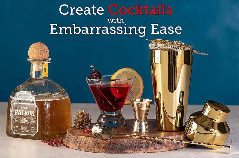 Complete cocktail bar set featuring essential tools like a shaker, jigger, strainer, muddler, and mixing spoon. Perfect for crafting professional-quality cocktails at home or in a bar.