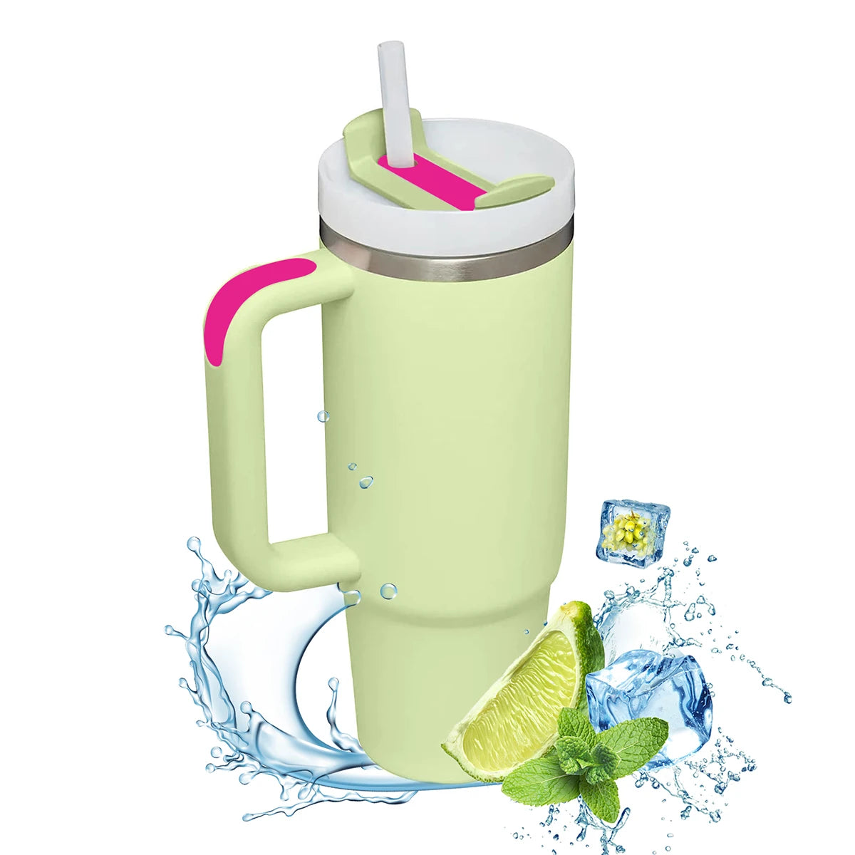 40oz stainless steel insulated tumbler with handle, featuring double-wall vacuum insulation to keep drinks hot or cold for hours. Includes a lid and straw, designed for on-the-go use and fits most car cup holders.