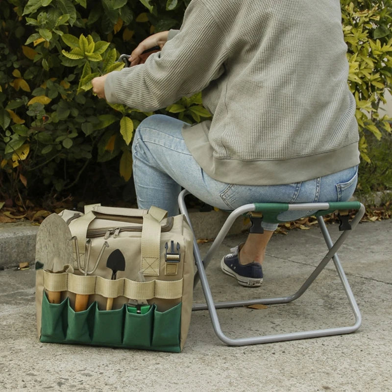 A folding gardening stool designed to provide comfort and convenience for gardeners. This portable stool features a sturdy metal frame with a durable fabric seat and includes a detachable tool bag for easy access to gardening tools. Its lightweight design and foldable structure make it easy to carry and store, ideal for reducing strain during gardening tasks
