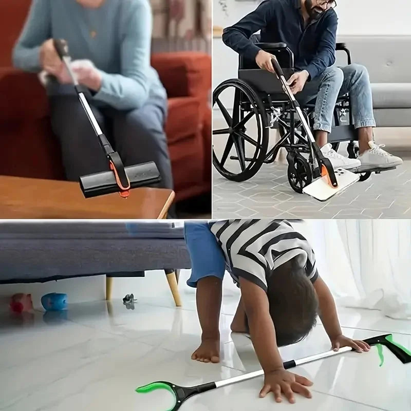 "A foldable reach extender, commonly known as a grabber or helping hand, designed to assist users in picking up objects without bending or stretching. The tool features a lightweight, collapsible aluminum shaft approximately 32 inches long, with an ergonomic handle and a trigger mechanism that controls the rubberized gripping jaws at the opposite end. Ideal for individuals with limited mobility, it aids in retrieving items from high shelves or the ground