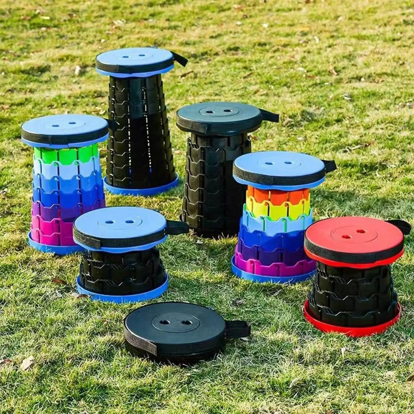 A portable round folding chair featuring a lightweight, collapsible frame and a circular seat, designed for easy transport and storage. Ideal for camping, outdoor events, or additional seating needs, this chair offers convenience and comfort with its compact design and sturdy construction