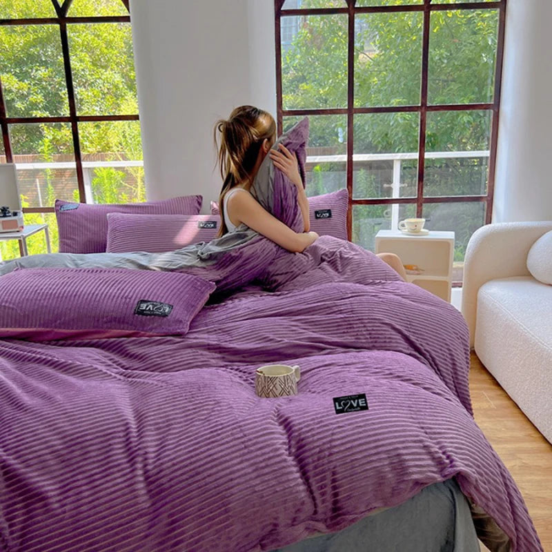A 3-piece bedding set comprising a comforter and two pillowcases, designed to enhance your bedroom's aesthetic. Available in various patterns and materials, these sets cater to diverse preferences and are available in multiple sizes to fit different bed dimensions