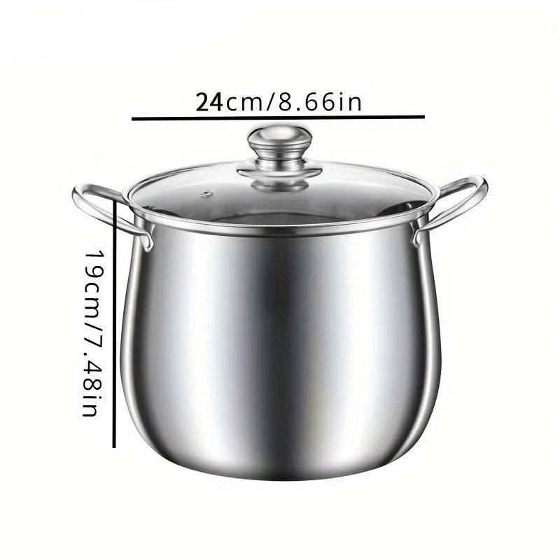 A large-capacity stainless steel soup pot with a matching lid, featuring sturdy handles for easy lifting and a polished finish, ideal for preparing soups, stews, and broths.
