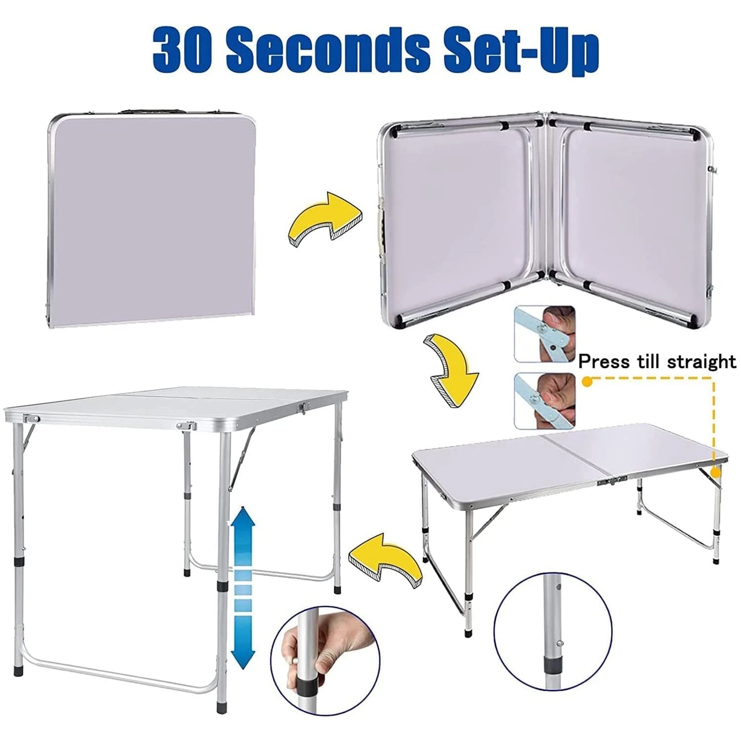 A portable folding table made of lightweight yet sturdy aluminium, featuring a collapsible design for easy transportation and storage. Ideal for camping, picnics, and outdoor activities, it offers a stable surface with adjustable height settings to accommodate various needs.