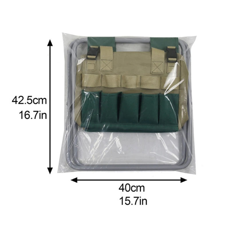 A folding gardening stool designed to provide comfort and convenience for gardeners. This portable stool features a sturdy metal frame with a durable fabric seat and includes a detachable tool bag for easy access to gardening tools. Its lightweight design and foldable structure make it easy to carry and store, ideal for reducing strain during gardening tasks