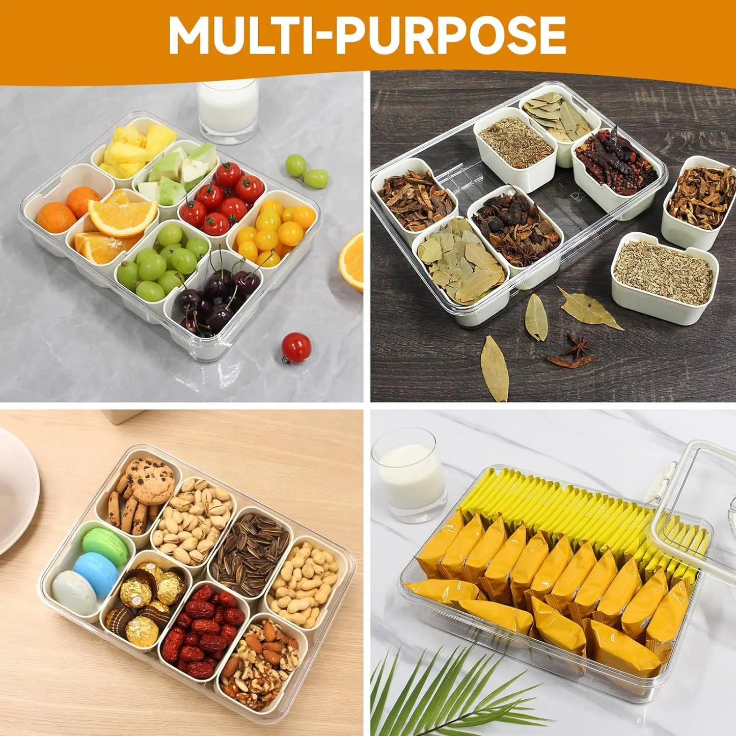 A divided serving tray storage box featuring multiple compartments, a secure lid, and a handle for easy portability; ideal for organizing and transporting snacks, fruits, nuts, or appetizers during events, picnics, or daily use